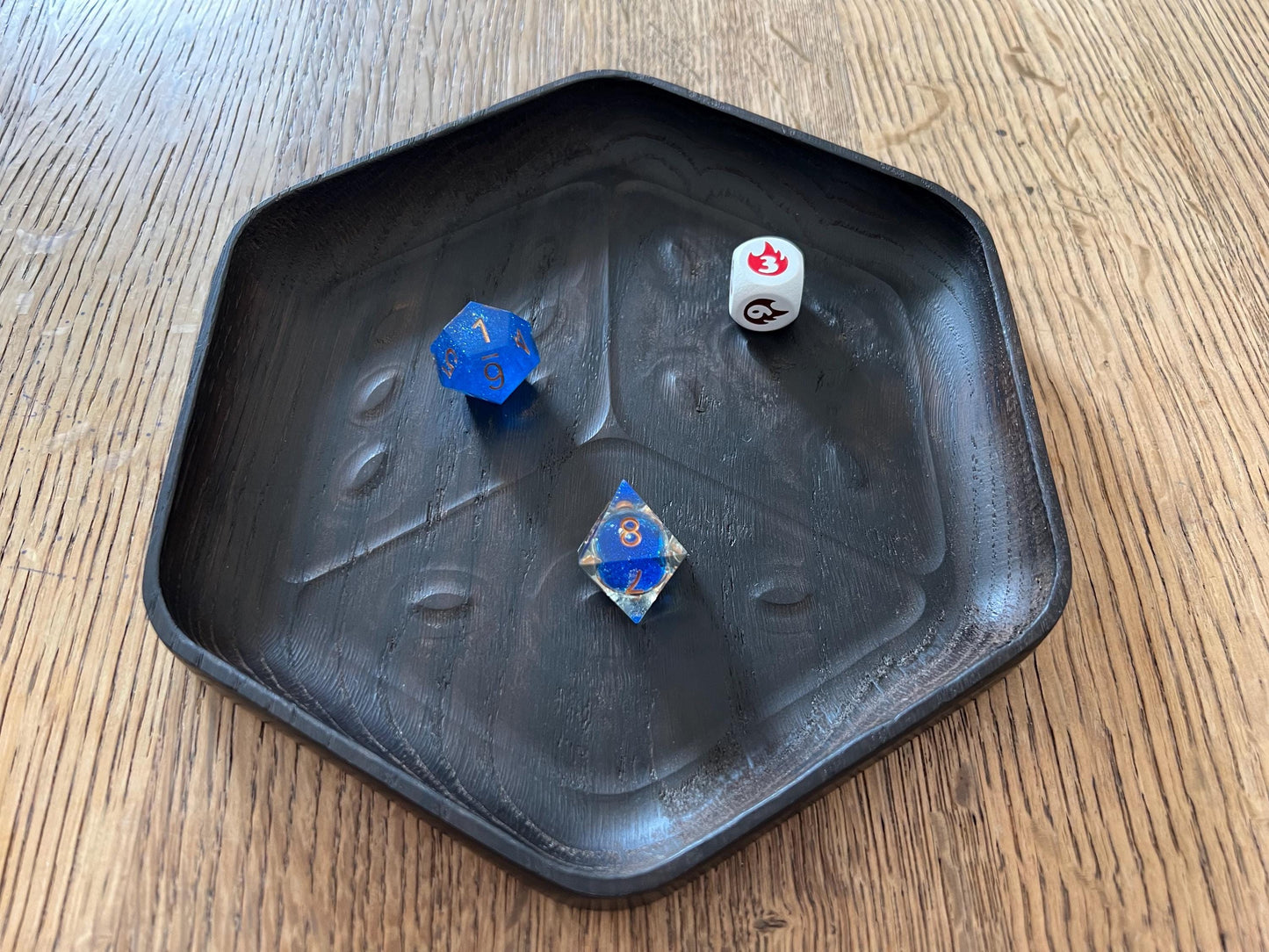 Luxury Smoked Oak Dice Tray - D6 Die-Shaped Wooden Tray with Carved Faces for Board Games