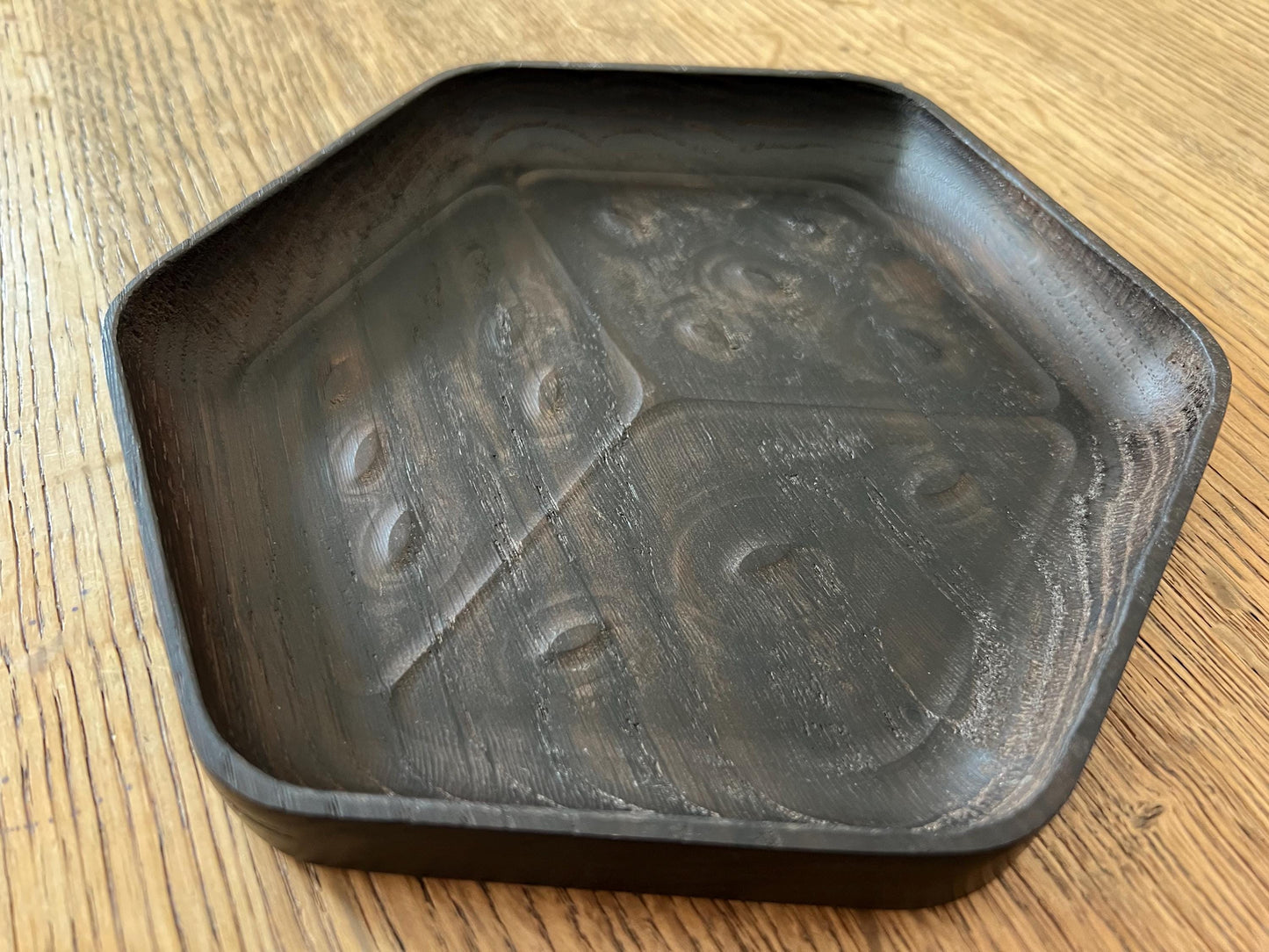 Luxury Smoked Oak Dice Tray - D6 Die-Shaped Wooden Tray with Carved Faces for Board Games