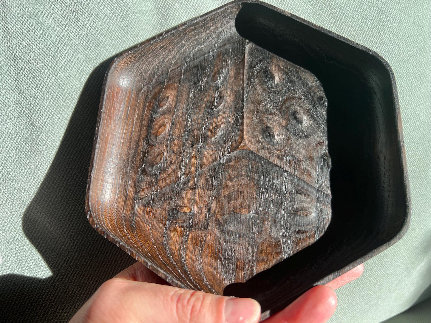 Luxury Smoked Oak Dice Tray - D6 Die-Shaped Wooden Tray with Carved Faces for Board Games