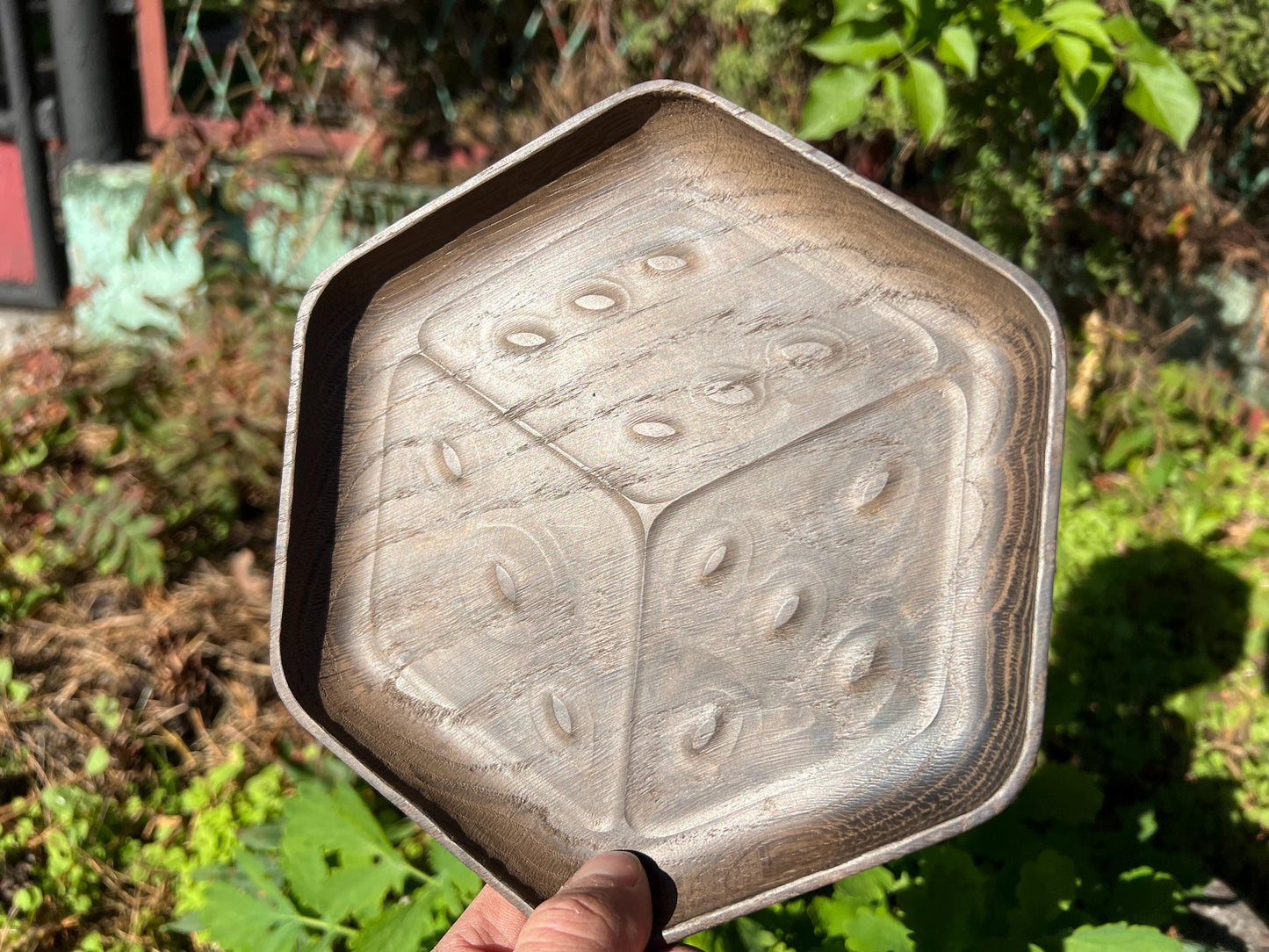 Luxury Smoked Oak Dice Tray - D6 Die-Shaped Wooden Tray with Carved Faces for Board Games