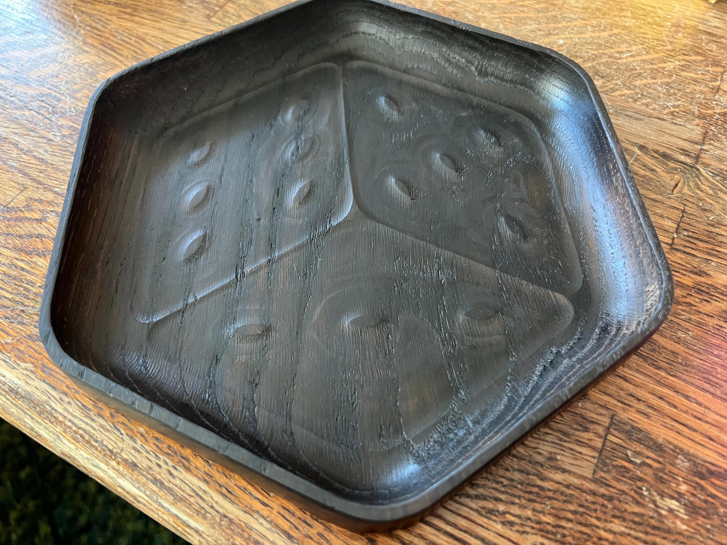 Luxury Smoked Oak Dice Tray - D6 Die-Shaped Wooden Tray with Carved Faces for Board Games