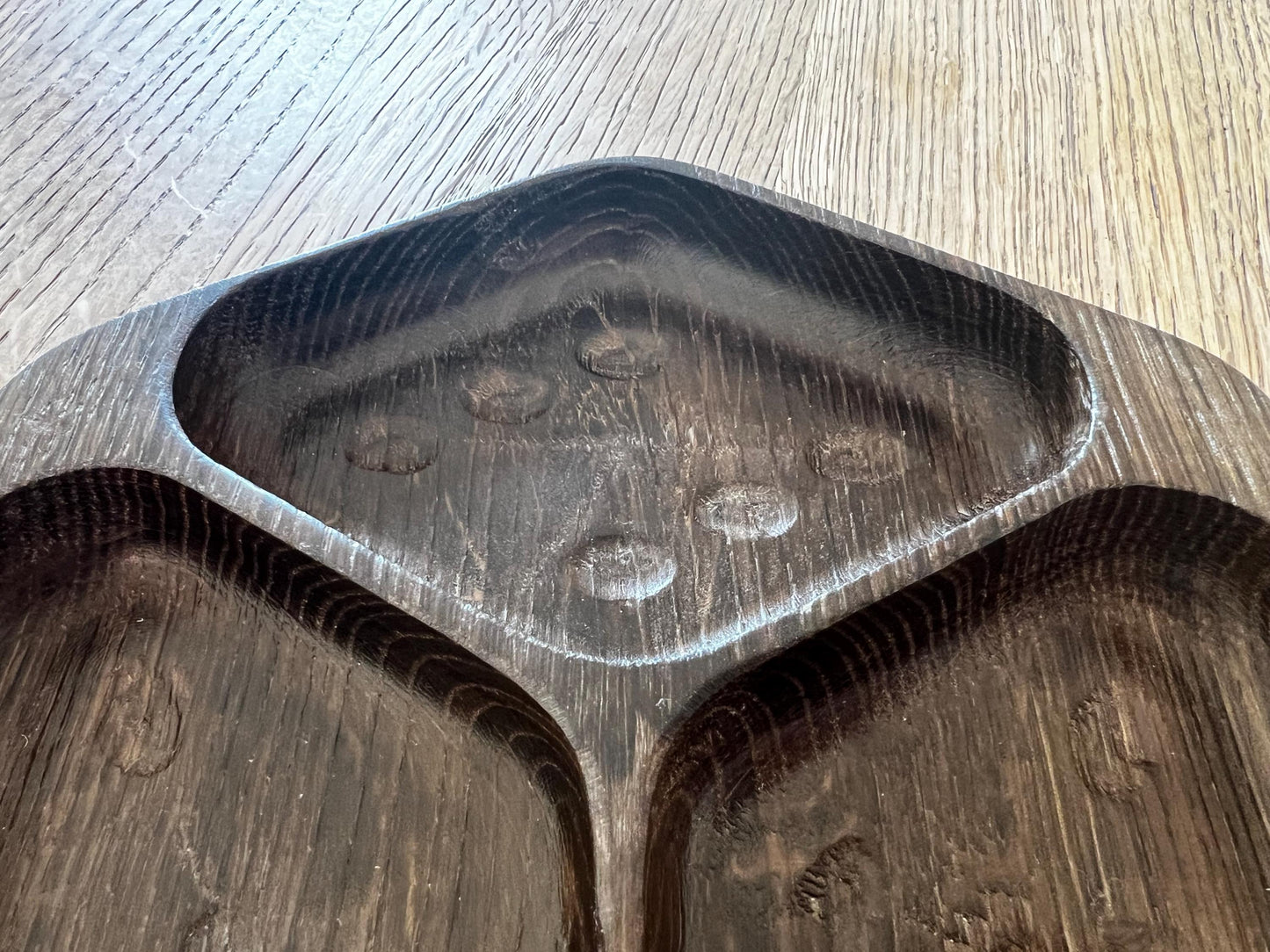 Luxury Smoked Oak Token Tray with 3 compartments - D6 Die-Shaped Wooden Tray with Carved Faces for Board Games