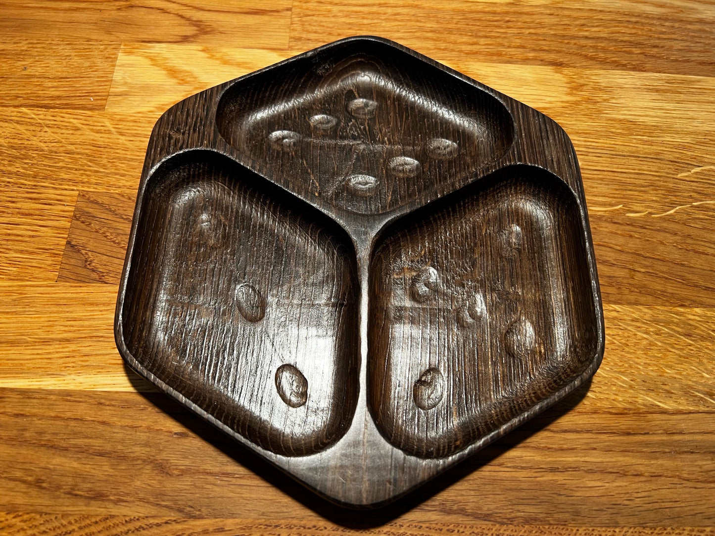 Luxury Smoked Oak Token Tray with 3 compartments - D6 Die-Shaped Wooden Tray with Carved Faces for Board Games