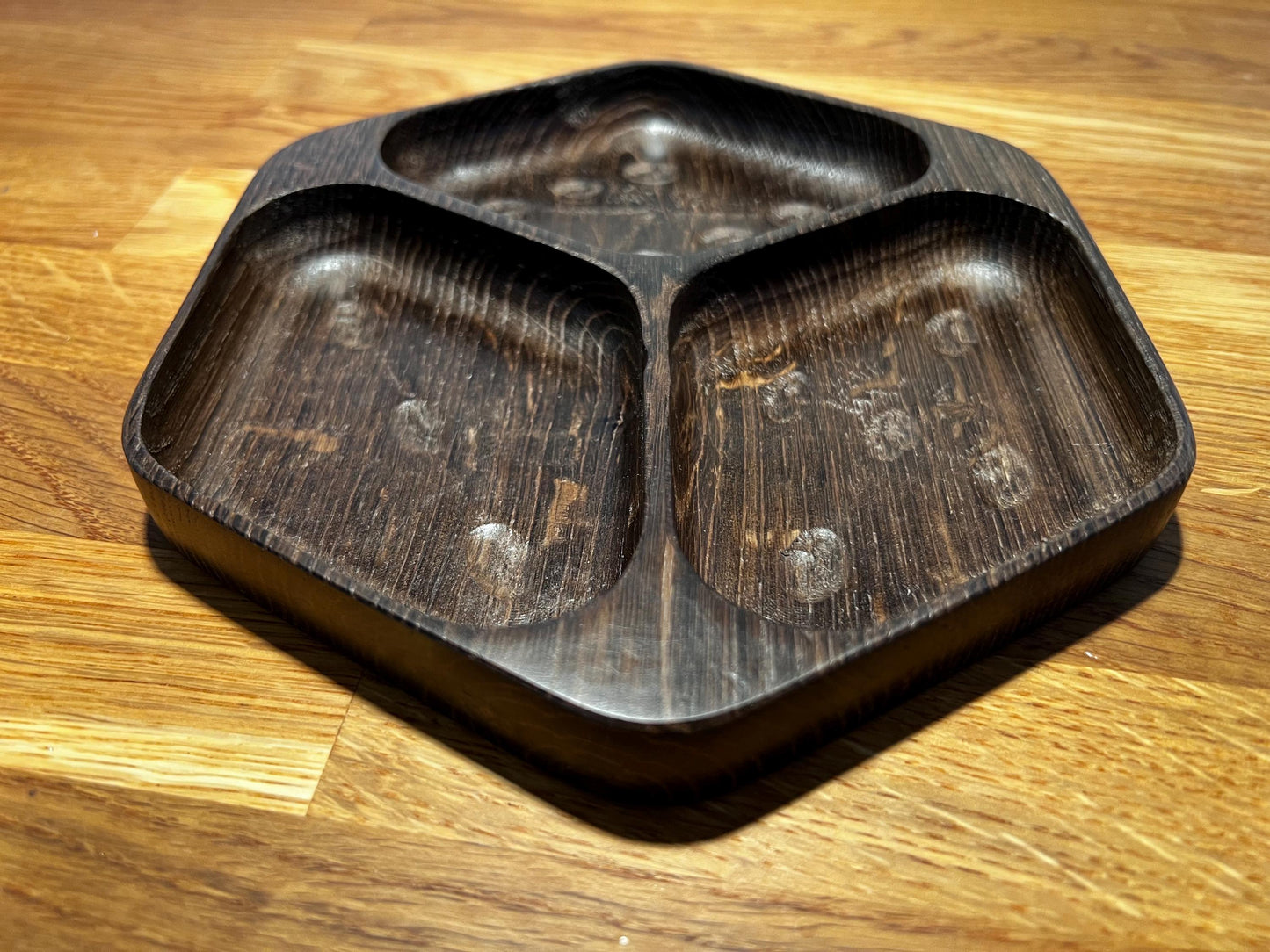 Luxury Smoked Oak Token Tray with 3 compartments - D6 Die-Shaped Wooden Tray with Carved Faces for Board Games