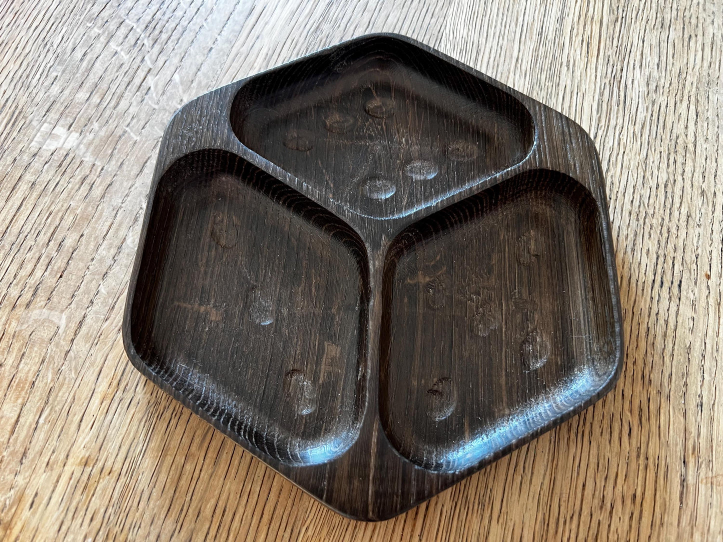 Luxury Smoked Oak Token Tray with 3 compartments - D6 Die-Shaped Wooden Tray with Carved Faces for Board Games