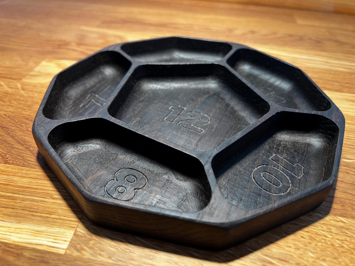 Luxury Smoked Oak Token Tray with 6 compartments - D12 Die-Shaped Wooden Tray with Carved Faces for Board Games