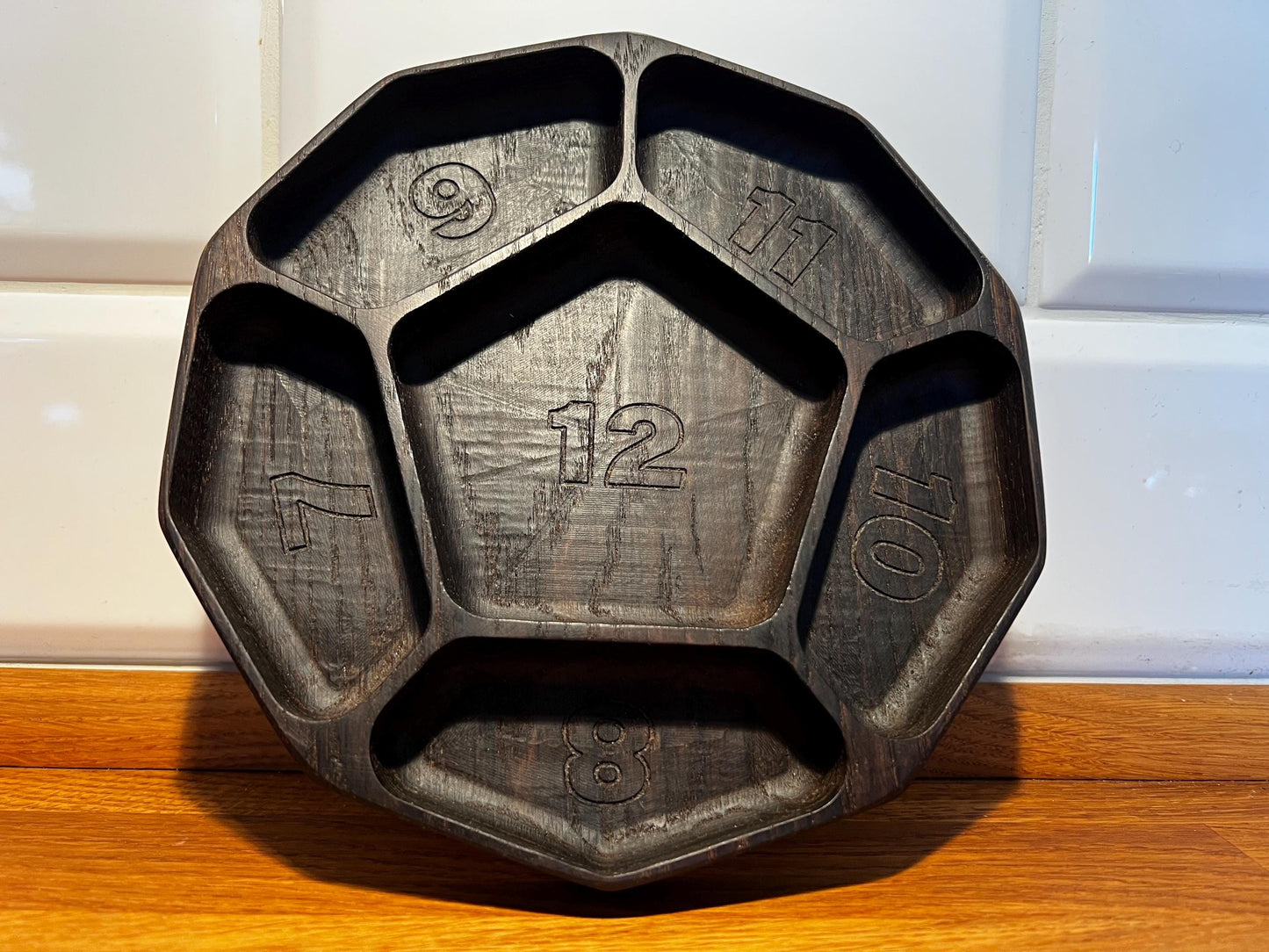 Luxury Smoked Oak Token Tray with 6 compartments - D12 Die-Shaped Wooden Tray with Carved Faces for Board Games