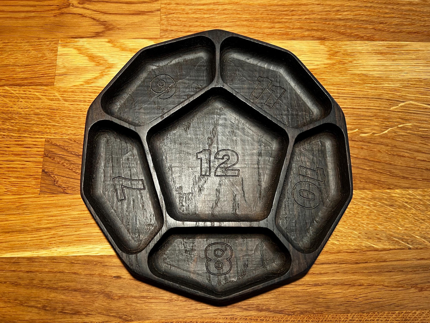 Luxury Smoked Oak Token Tray with 6 compartments - D12 Die-Shaped Wooden Tray with Carved Faces for Board Games