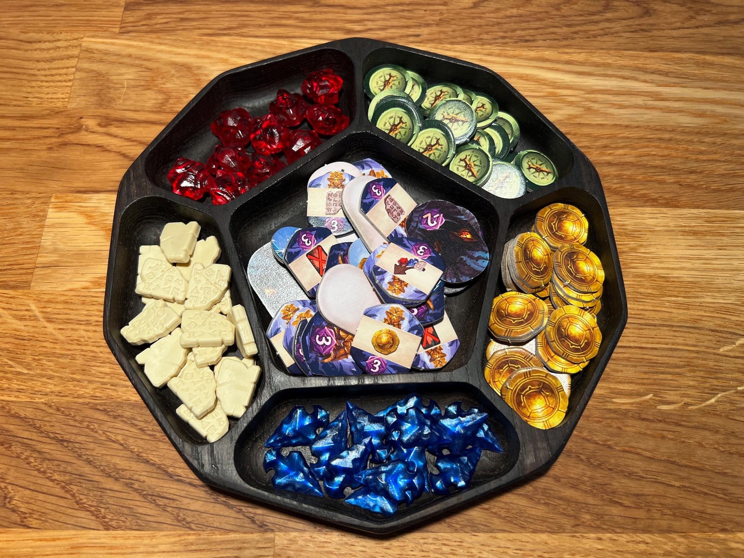 Luxury Smoked Oak Token Tray with 6 compartments - D12 Die-Shaped Wooden Tray with Carved Faces for Board Games