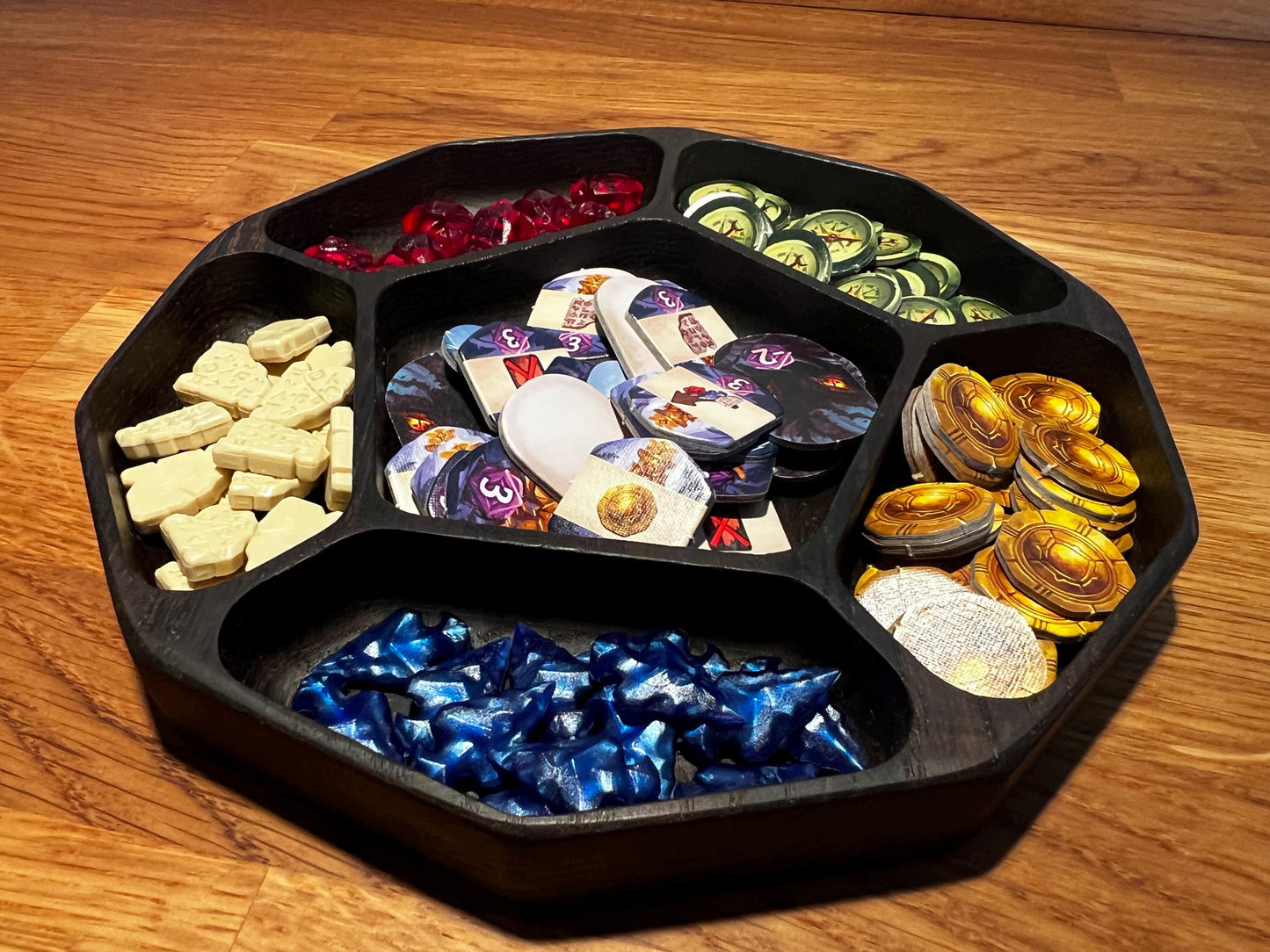 Luxury Smoked Oak Token Tray with 6 compartments - D12 Die-Shaped Wooden Tray with Carved Faces for Board Games