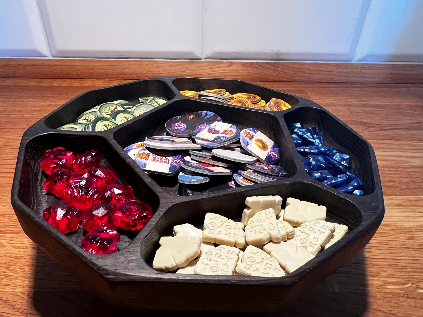 Luxury Smoked Oak Token Tray with 6 compartments - D12 Die-Shaped Wooden Tray with Carved Faces for Board Games