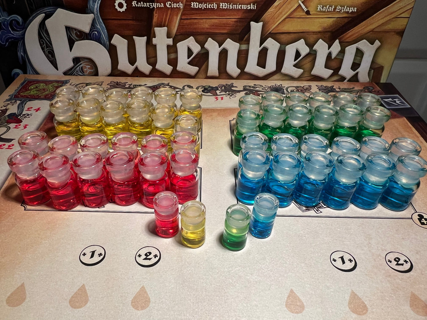 Gutenberg ink bottles (board game tokens)