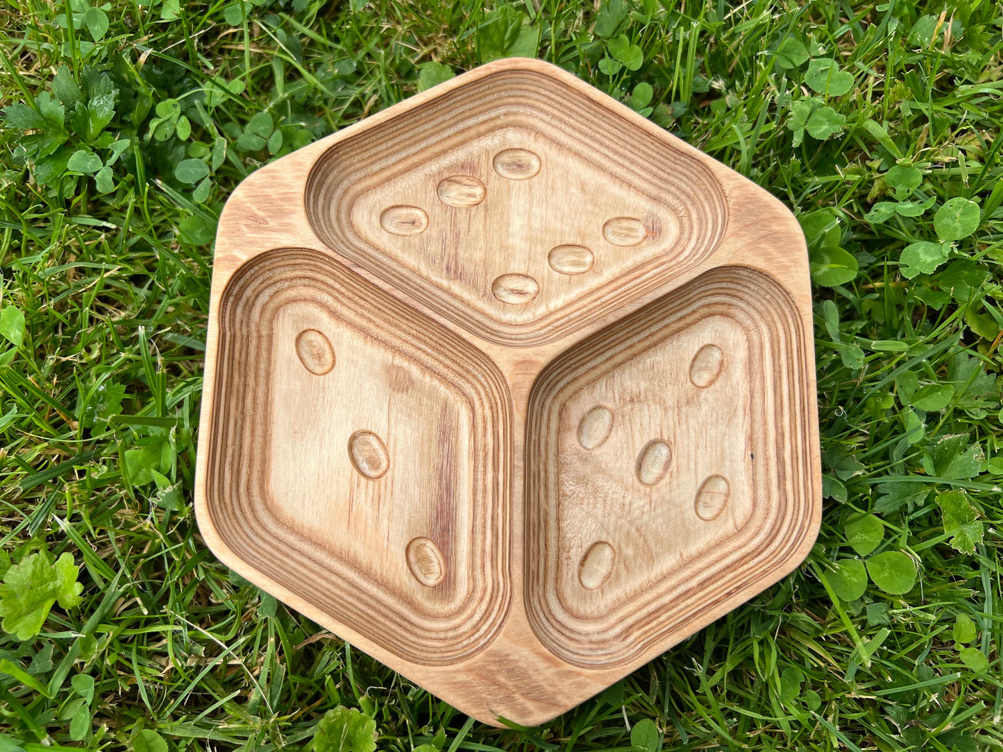 D6 Die-Shaped Token Tray - 3-Compartment Plywood Organizer for Game Tokens & Player Areas