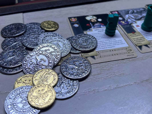 15th-Century Replica Metal Coins for Pax: Renaissance – Set of 36 Durable Zinc Alloy Coins in Silver and Gold