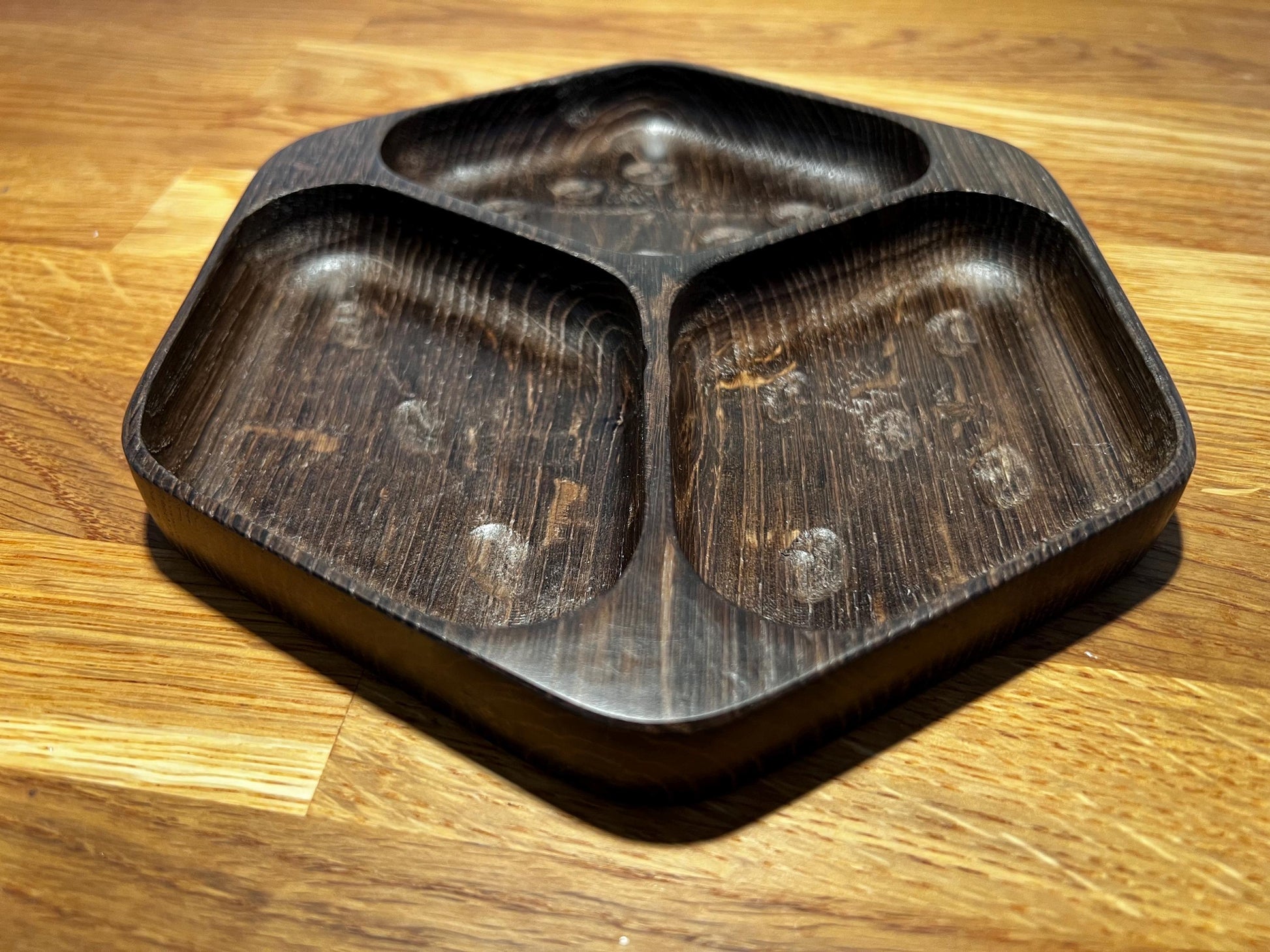 Luxury Smoked Oak Token Tray with 3 compartments - D6 Die-Shaped Wooden Tray with Carved Faces for Board Games