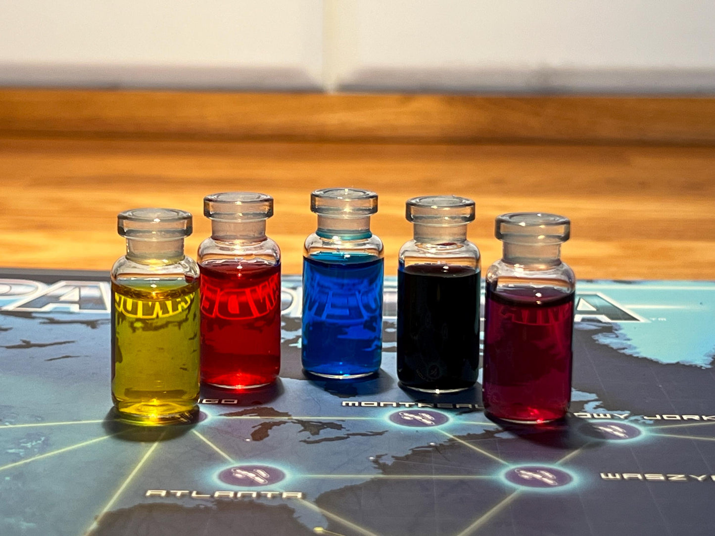 Pandemic Cure Markers - Set of 5 Durable Glass Bottles with Colored Liquid for Board Game Upgrade