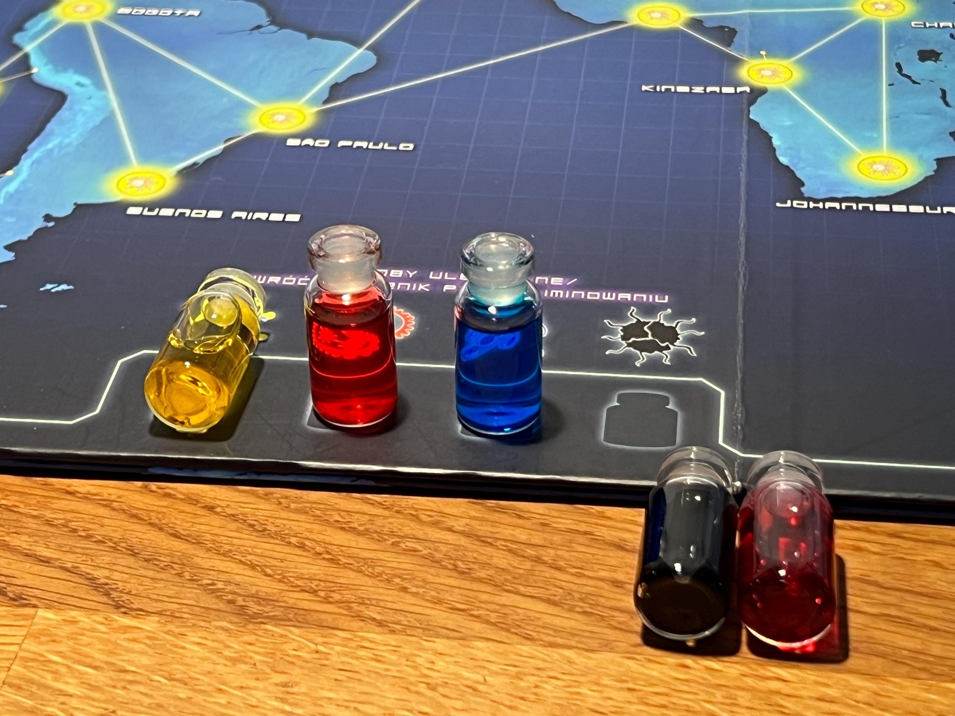 Pandemic Cure Markers - Set of 5 Durable Glass Bottles with Colored Liquid for Board Game Upgrade