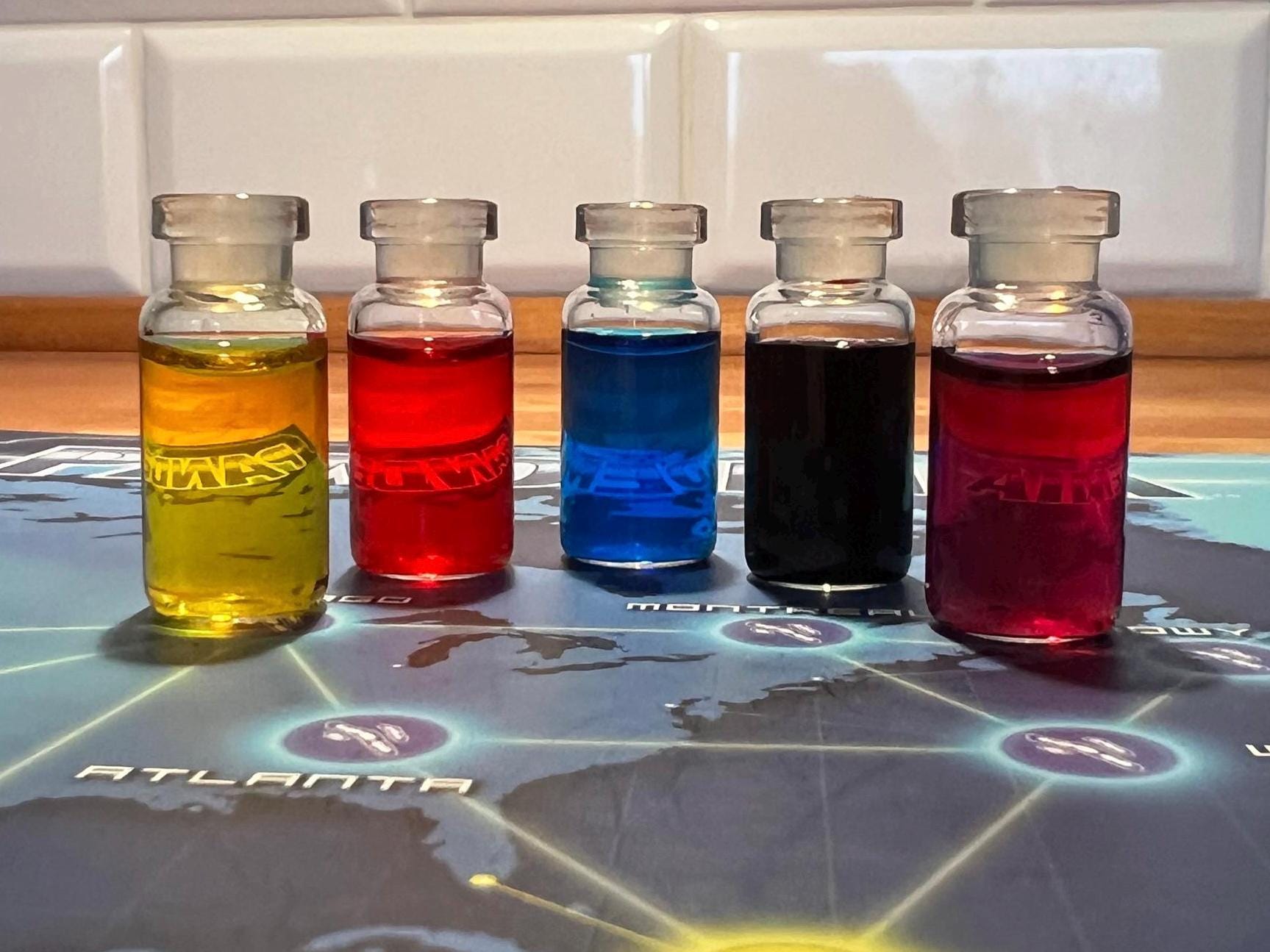 Pandemic Cure Markers - Set of 5 Durable Glass Bottles with Colored Liquid for Board Game Upgrade