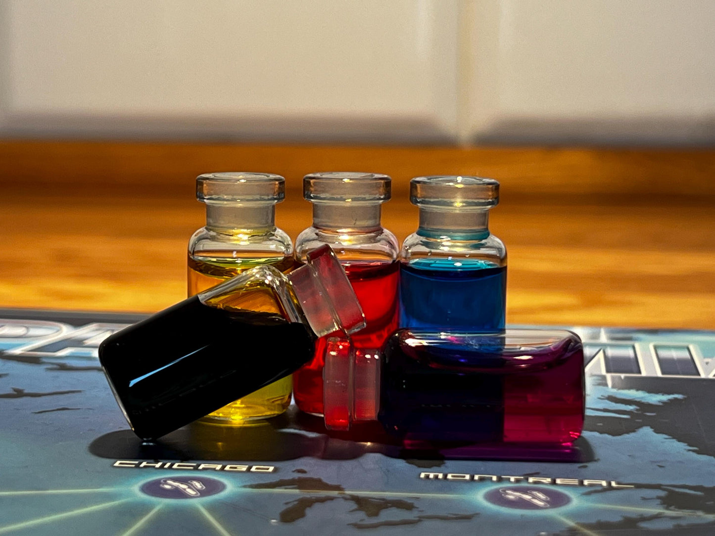 Pandemic Cure Markers - Set of 5 Durable Glass Bottles with Colored Liquid for Board Game Upgrade