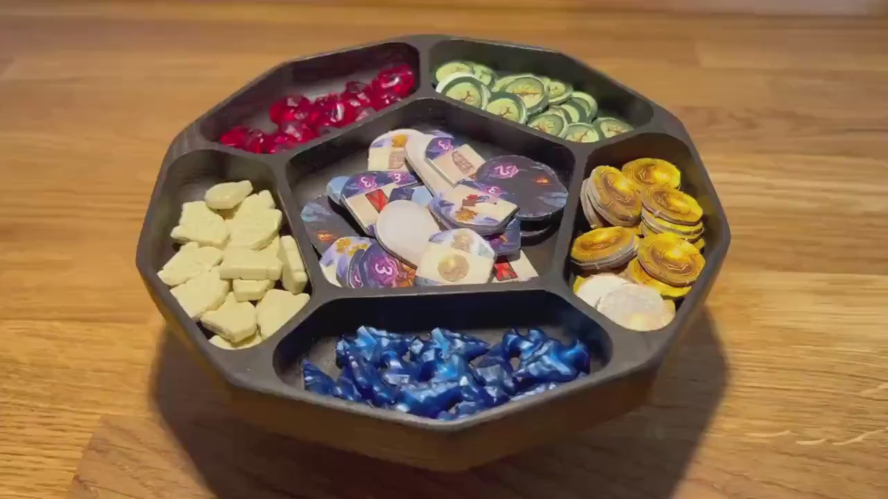 Luxury Smoked Oak Token Tray with 6 compartments - D12 Die-Shaped Wooden Tray with Carved Faces for Board Games